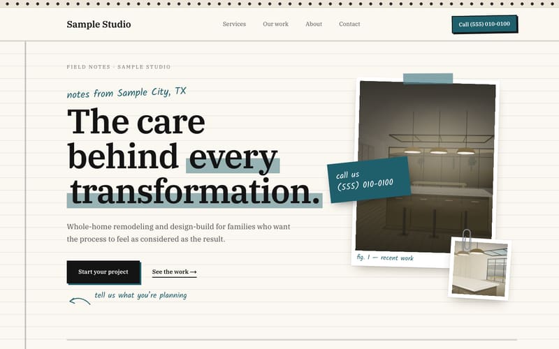 Fieldnote design: sample website home page