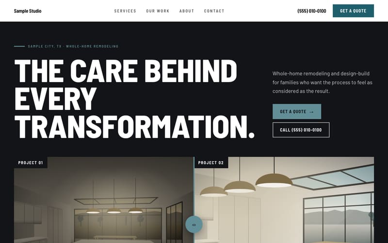 Reveal design: sample website home page