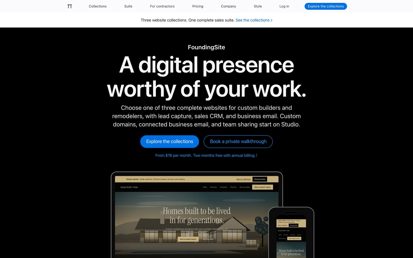Preview of the Modern style: a bright home page with large sans-serif type and device frames