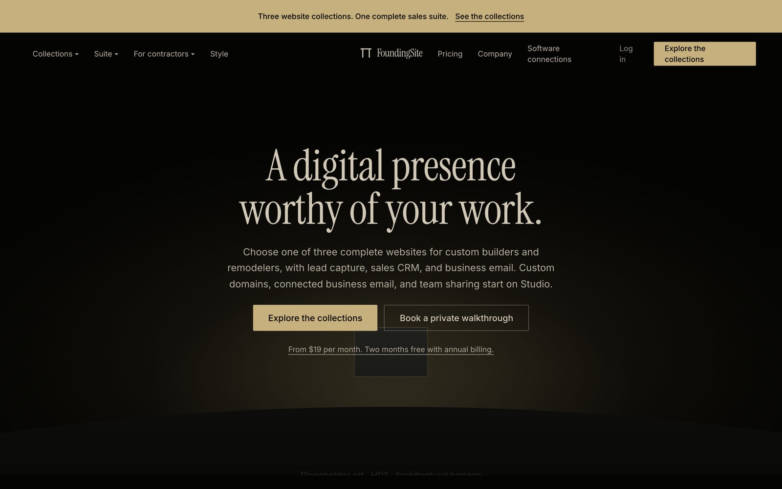 Preview of the Reserved style: a dark home page with gold serif headlines