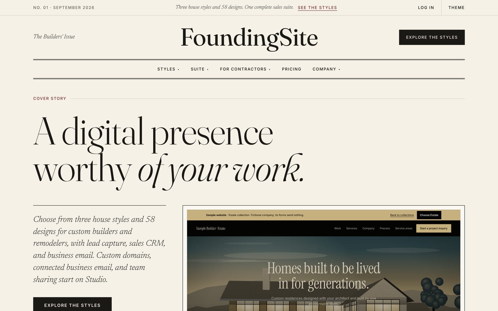 Preview of the Editorial theme: a magazine-like page on warm paper with serif headlines