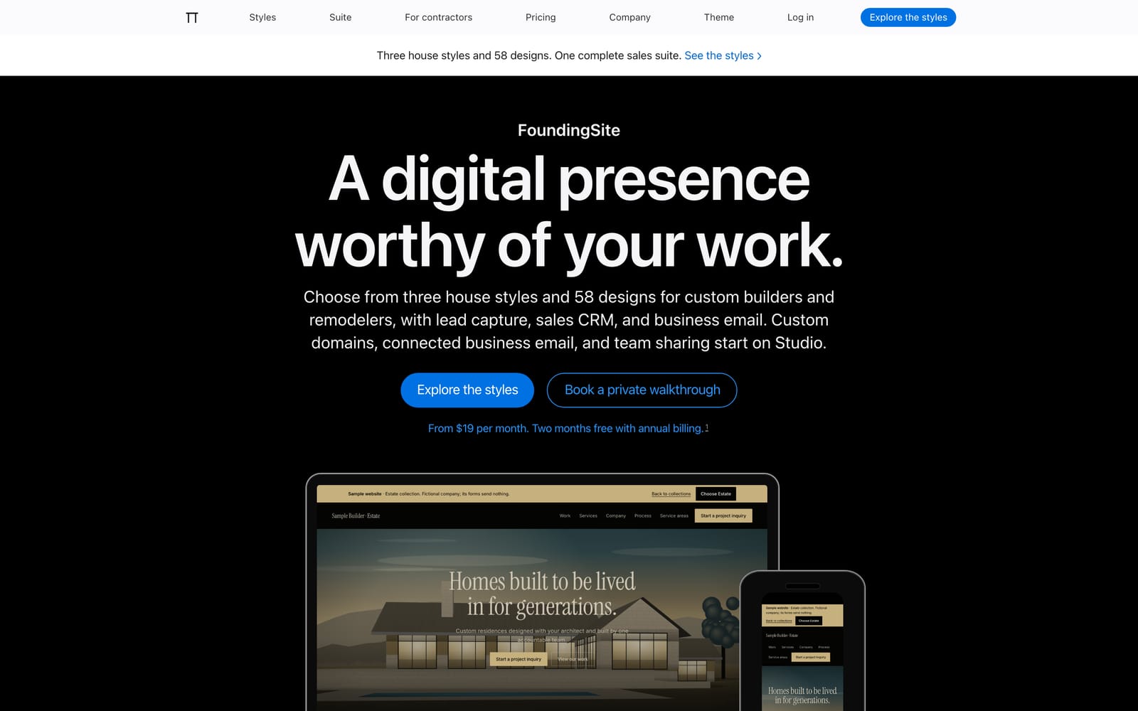 Preview of the Modern theme: a bright home page with large sans-serif type and device frames