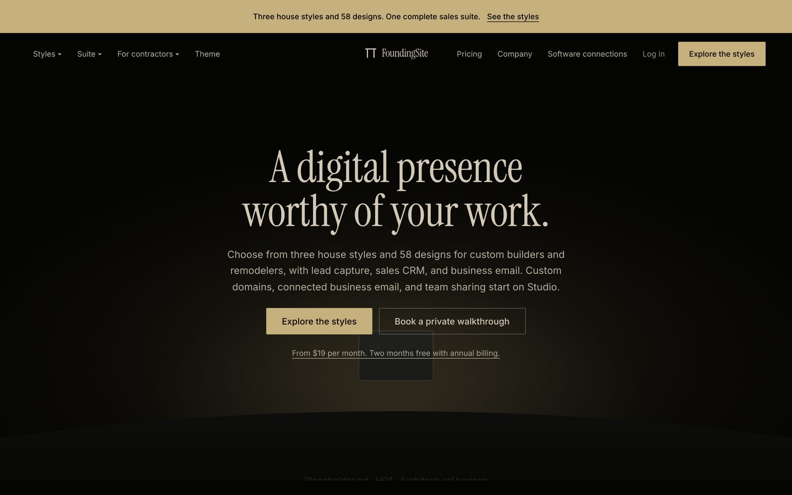Preview of the Reserved theme: a dark home page with gold serif headlines